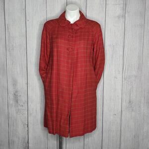 Vintage Red Windowpane Plaid Long Lined Coat With Pockets, sz S/M